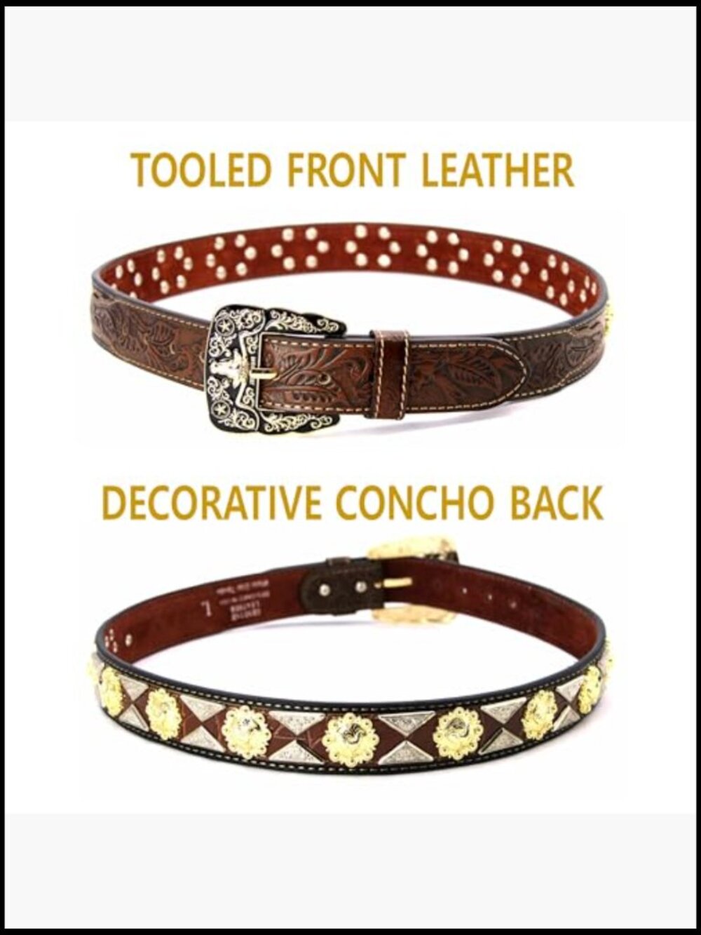 Genuine Leather Western Concho Belt with Tooled Design - Picture 3 of 7
